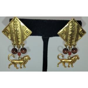 Vintage Disney Lion Dangle Earrings – Gold Tone Tribal Style with Beads